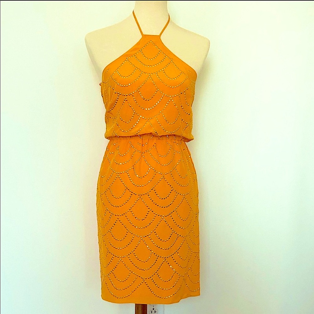 Trina Turk Orange/Metallic Halter Cocktail Dress